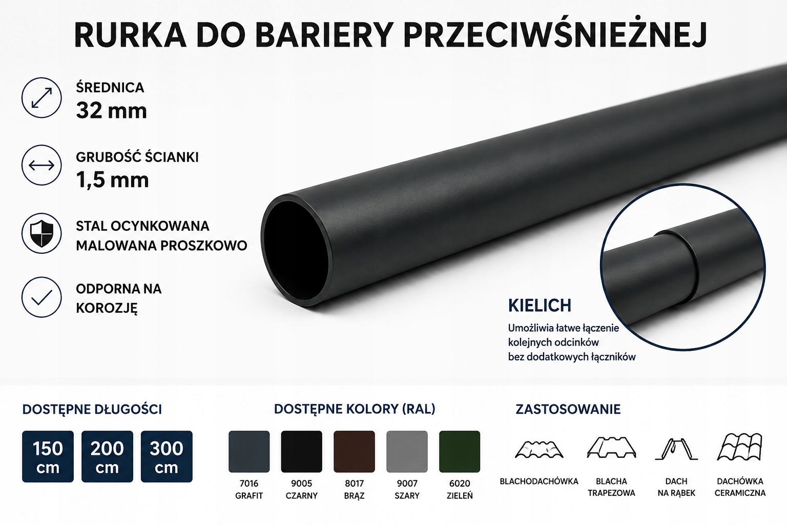 Rurka do bariery przeciwśnieżnej FI 32 mm 300 cm ocynk + malowanie na dach z blachy trapezowej - obrazek 8